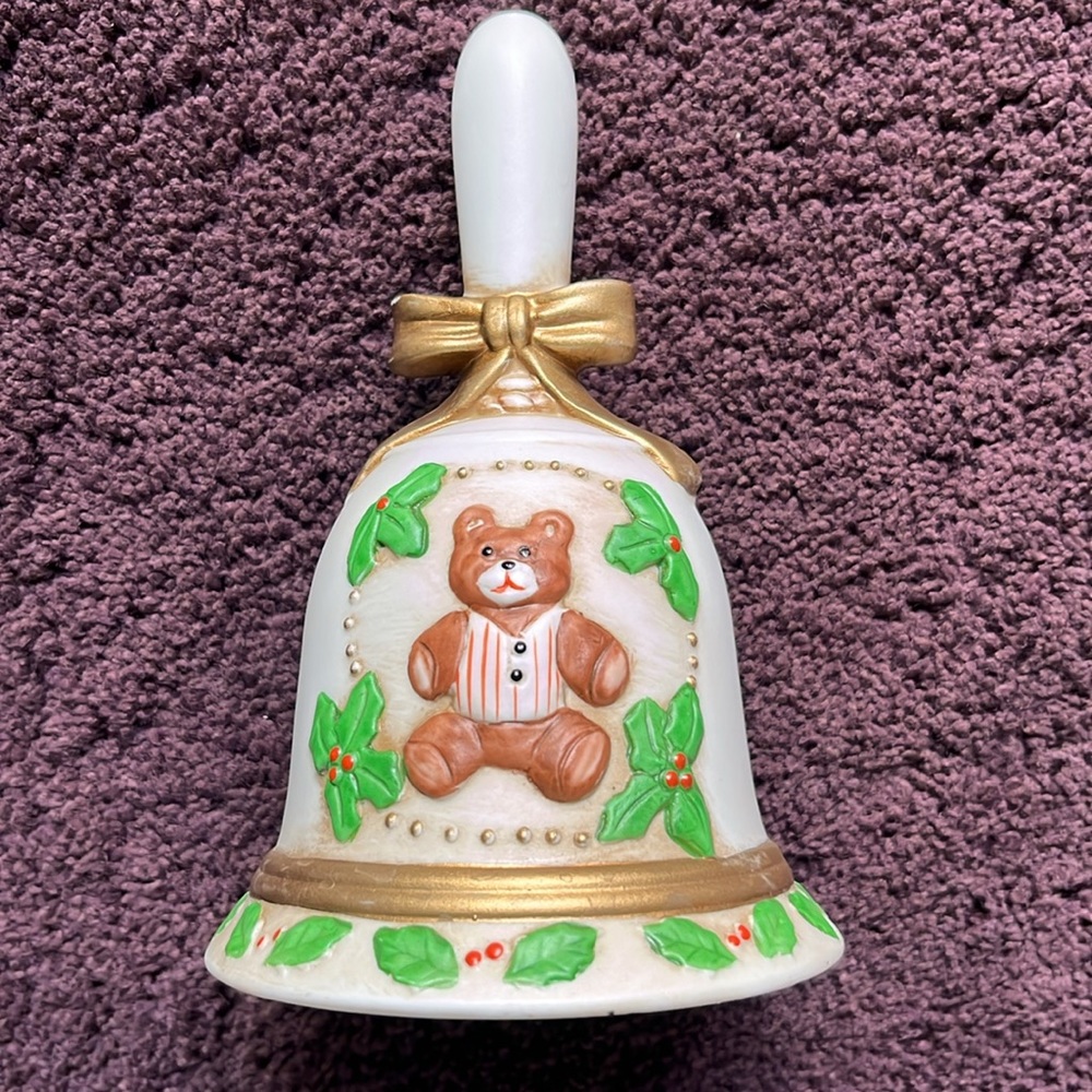 Vintage Porcelain holiday dinner bell, teddy bear, holly berries